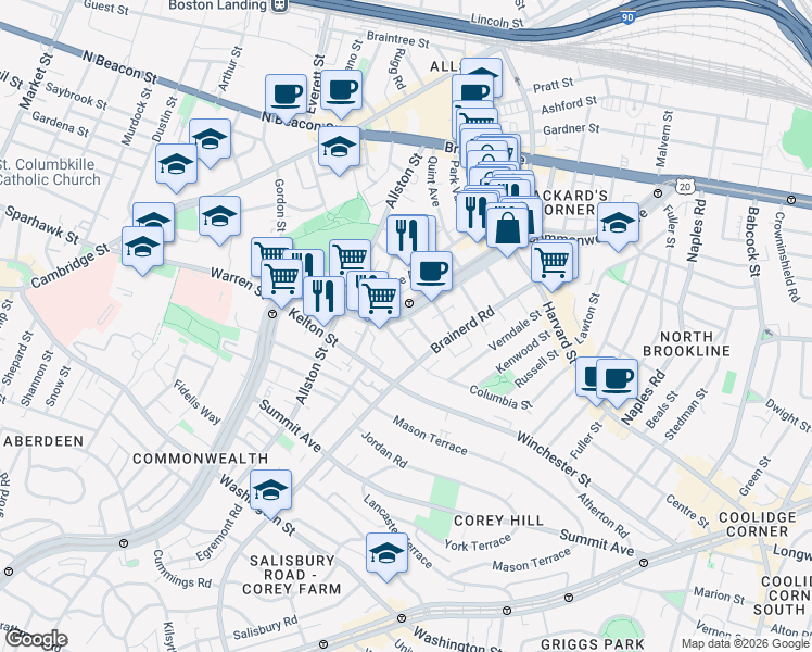 map of restaurants, bars, coffee shops, grocery stores, and more near 1322 Commonwealth Avenue in Boston