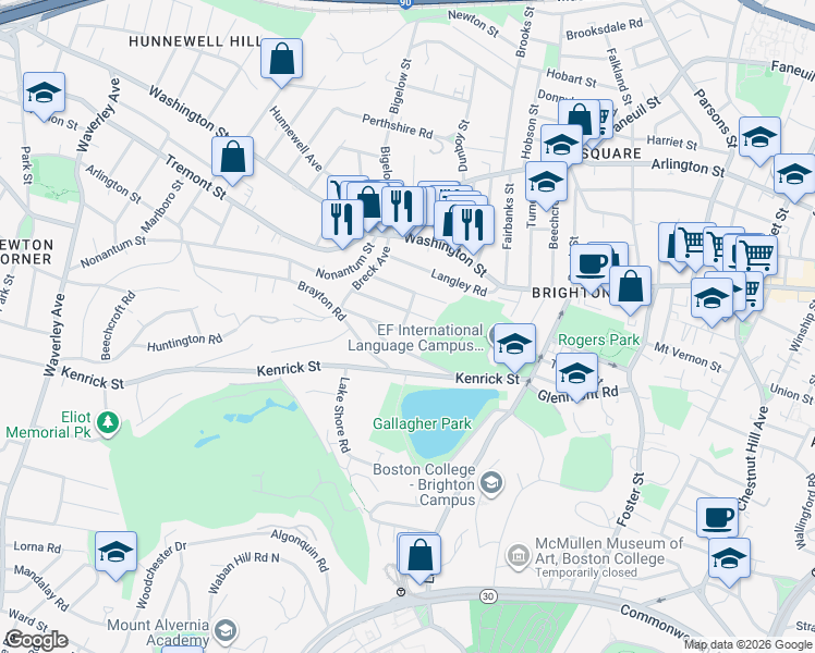 map of restaurants, bars, coffee shops, grocery stores, and more near 48 South Crescent Circuit in Boston