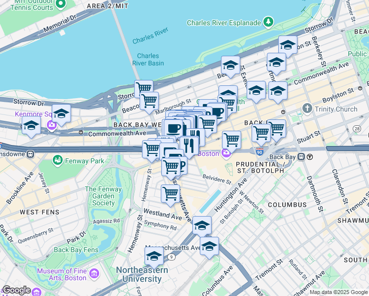 map of restaurants, bars, coffee shops, grocery stores, and more near 959 Boylston Street in Boston