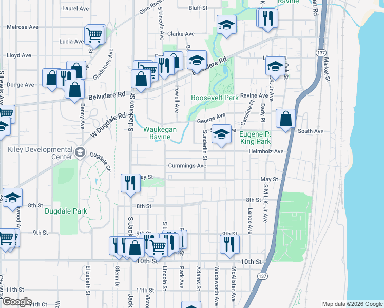 map of restaurants, bars, coffee shops, grocery stores, and more near 621 Helmholz Avenue in Waukegan