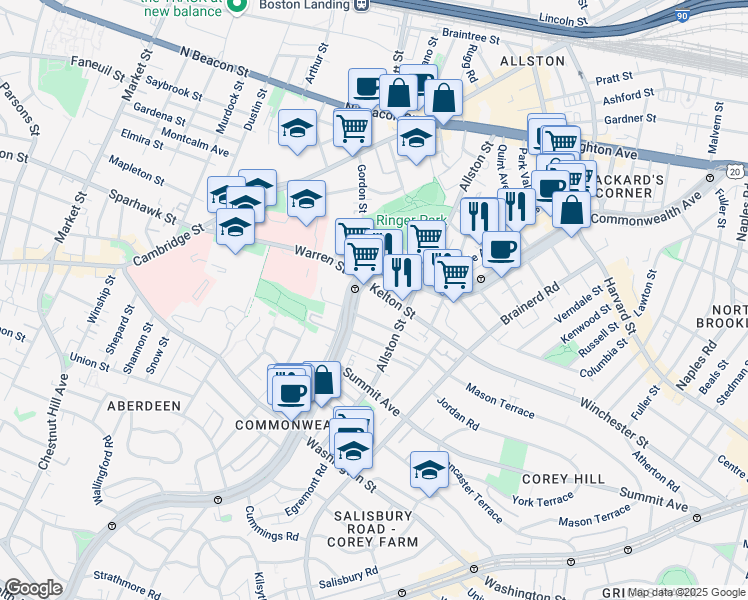 map of restaurants, bars, coffee shops, grocery stores, and more near 153 Kelton Street in Boston