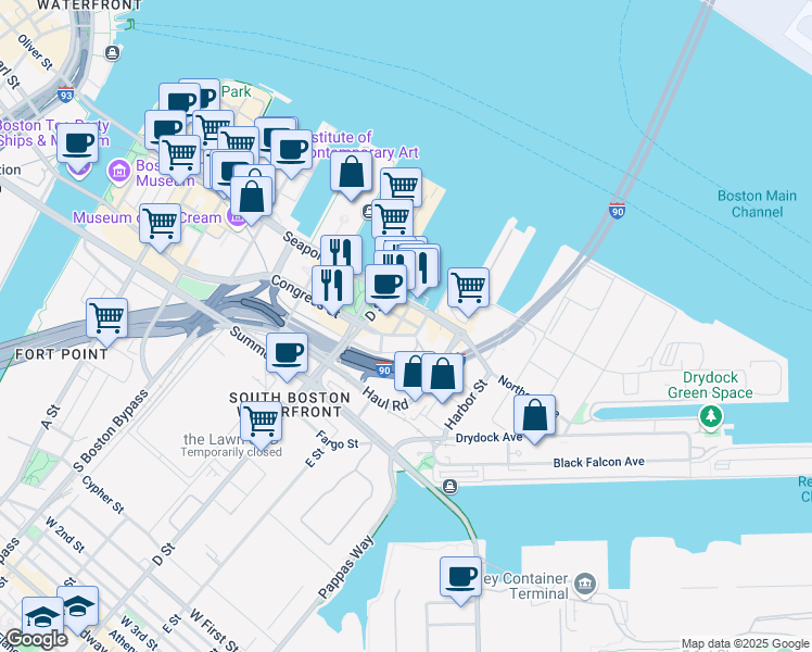 map of restaurants, bars, coffee shops, grocery stores, and more near 1 Park Lane in Boston