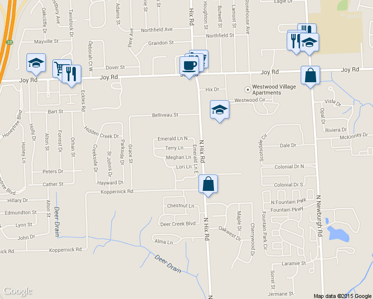map of restaurants, bars, coffee shops, grocery stores, and more near 38469 Terry Lane in Westland