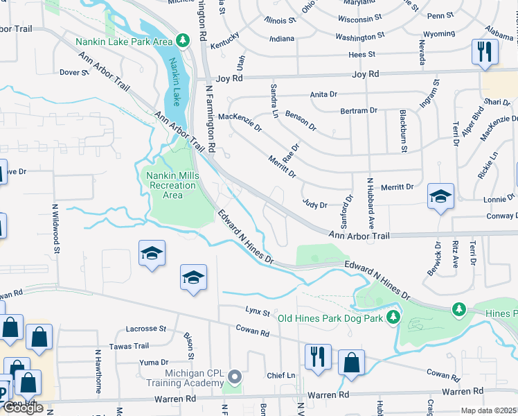 map of restaurants, bars, coffee shops, grocery stores, and more near 33037 Chapman Place in Westland