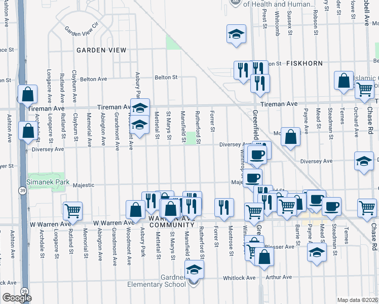 map of restaurants, bars, coffee shops, grocery stores, and more near 7534 Mansfield Street in Detroit