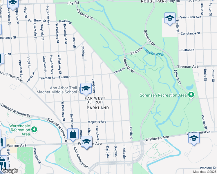 map of restaurants, bars, coffee shops, grocery stores, and more near 7694 Dacosta in Detroit