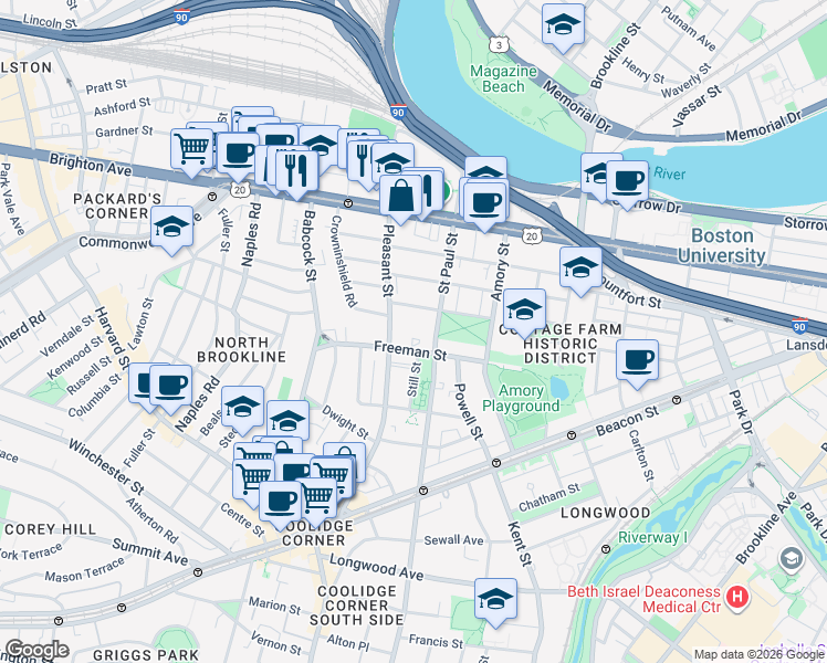 map of restaurants, bars, coffee shops, grocery stores, and more near 73 Thatcher Street in Brookline