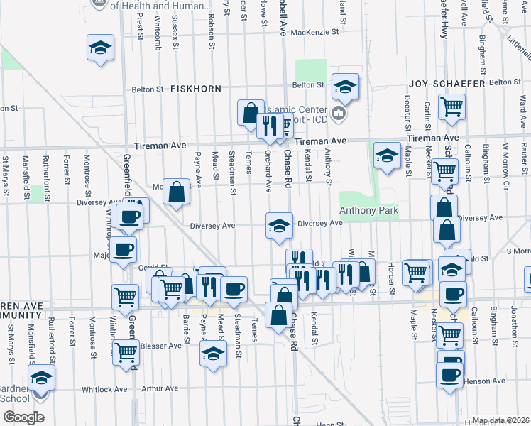map of restaurants, bars, coffee shops, grocery stores, and more near 7631 Orchard Avenue in Dearborn