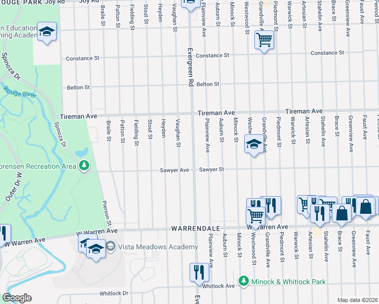 map of restaurants, bars, coffee shops, grocery stores, and more near 7682 Vaughan Street in Detroit