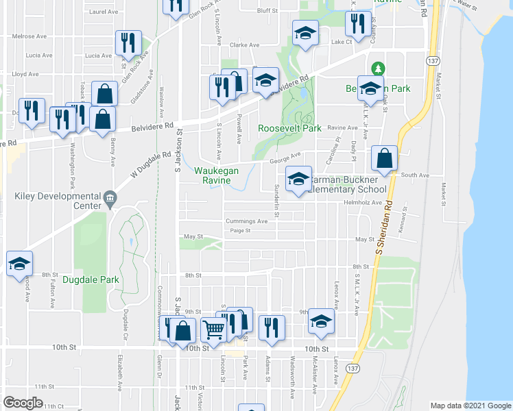 map of restaurants, bars, coffee shops, grocery stores, and more near 701 Helmholz Avenue in Waukegan
