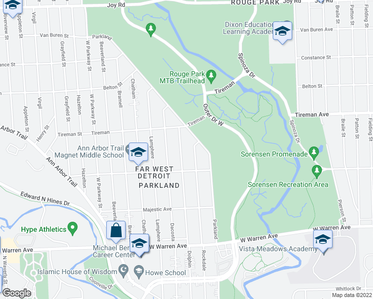 map of restaurants, bars, coffee shops, grocery stores, and more near 7692 Dolphin in Detroit