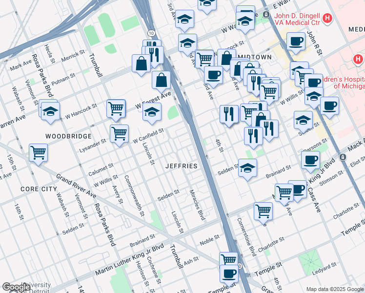 map of restaurants, bars, coffee shops, grocery stores, and more near 37 Temptations Drive in Detroit