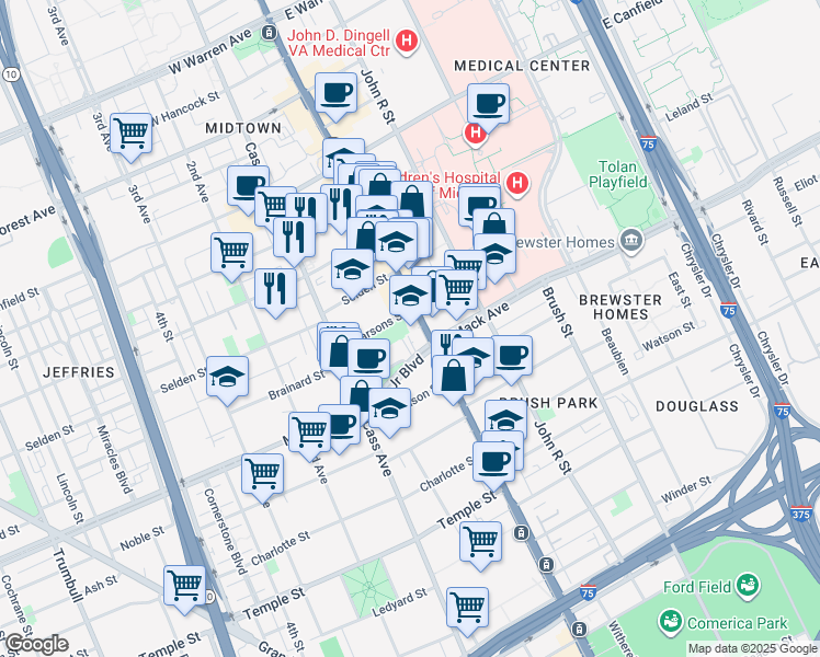 map of restaurants, bars, coffee shops, grocery stores, and more near 40 Davenport Street in Detroit