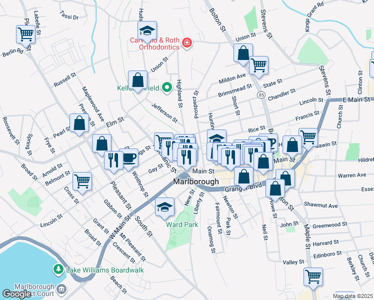 map of restaurants, bars, coffee shops, grocery stores, and more near 23 Central Street in Marlborough