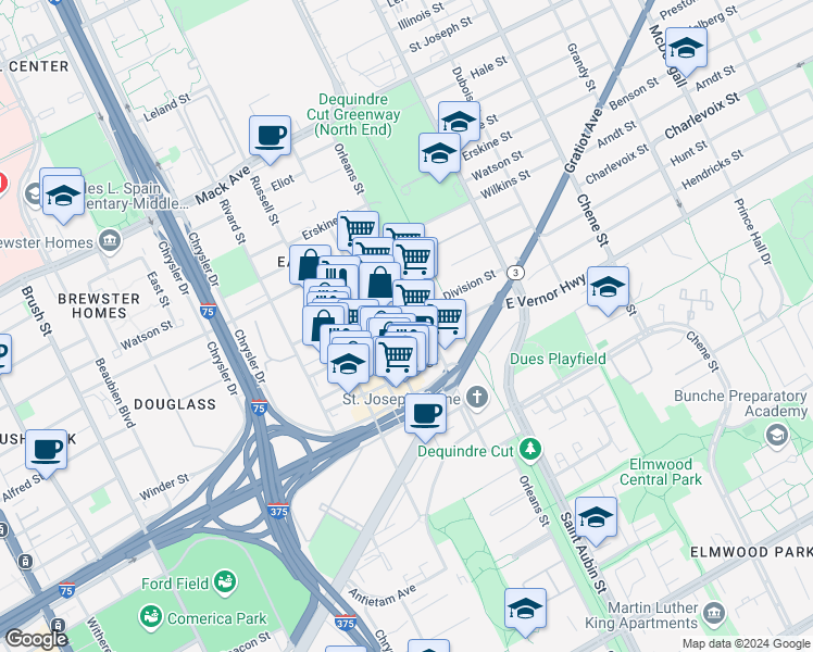 map of restaurants, bars, coffee shops, grocery stores, and more near 1540 Division Street in Detroit