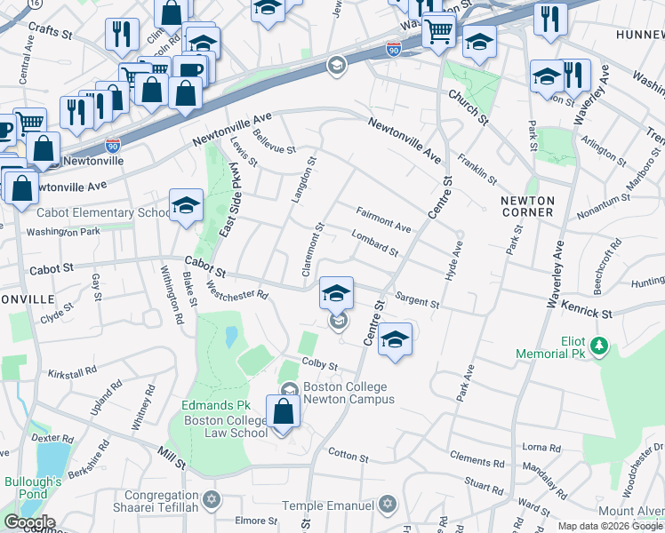 map of restaurants, bars, coffee shops, grocery stores, and more near 44 Concolor Avenue in Newton