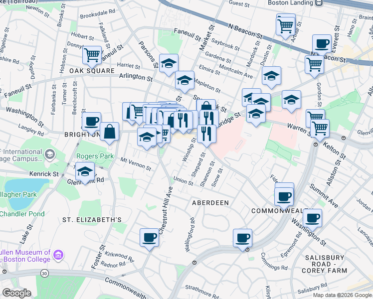 map of restaurants, bars, coffee shops, grocery stores, and more near 23 Winship Street in Boston