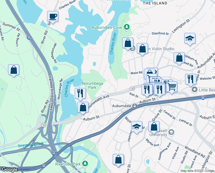 map of restaurants, bars, coffee shops, grocery stores, and more near 11 Rider Terrace in Newton