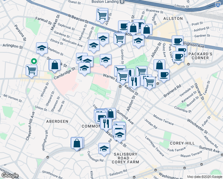 map of restaurants, bars, coffee shops, grocery stores, and more near 1465 Commonwealth Avenue in Boston