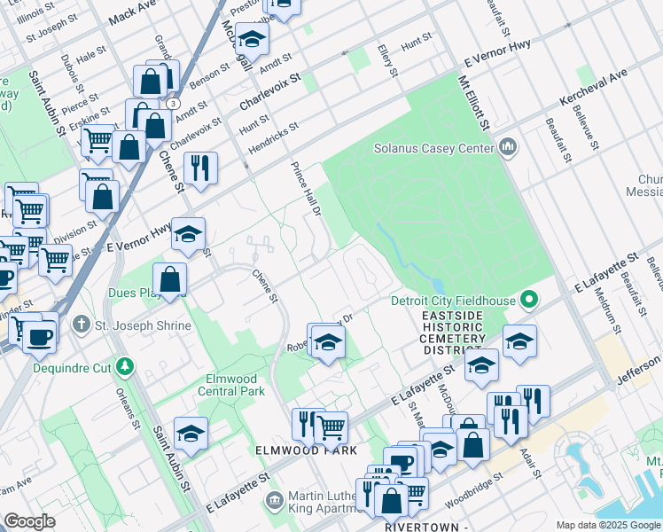 map of restaurants, bars, coffee shops, grocery stores, and more near 1643 Campau Farms Circle in Detroit