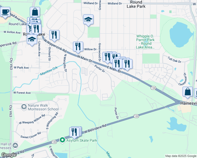 map of restaurants, bars, coffee shops, grocery stores, and more near 218 New House Lane in Round Lake Park