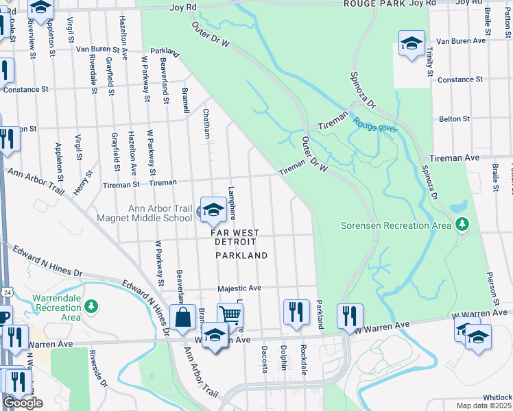 map of restaurants, bars, coffee shops, grocery stores, and more near 7694 Dacosta in Detroit