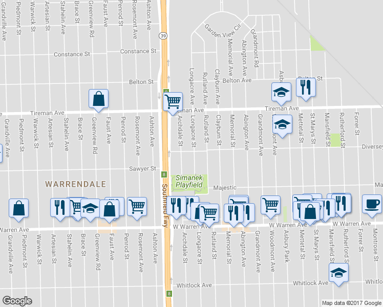 map of restaurants, bars, coffee shops, grocery stores, and more near 7551 Longacre Street in Detroit