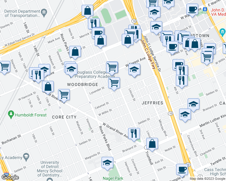 map of restaurants, bars, coffee shops, grocery stores, and more near 4404 Commonwealth Street in Detroit