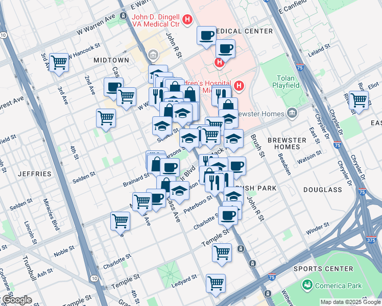 map of restaurants, bars, coffee shops, grocery stores, and more near 3601 Woodward Avenue in Detroit