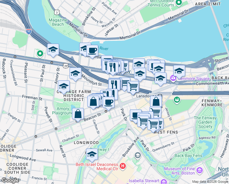map of restaurants, bars, coffee shops, grocery stores, and more near 514 Park Drive in Boston