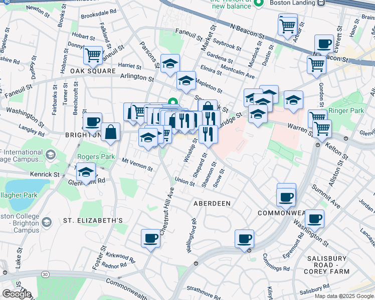 map of restaurants, bars, coffee shops, grocery stores, and more near 18 Winship Street in Boston