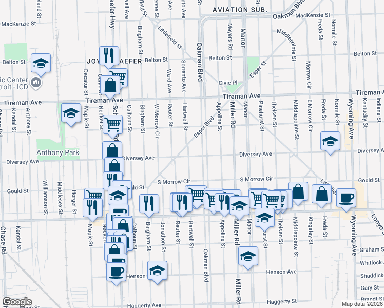 map of restaurants, bars, coffee shops, grocery stores, and more near 7600 Hartwell Street in Dearborn