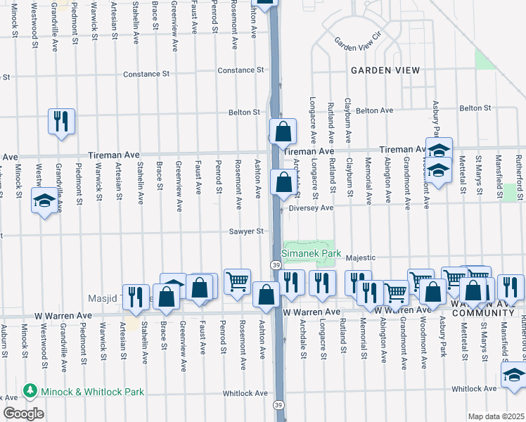 map of restaurants, bars, coffee shops, grocery stores, and more near 7658 Ashton Avenue in Detroit