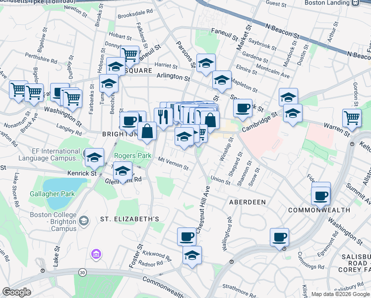 map of restaurants, bars, coffee shops, grocery stores, and more near 36 Dighton Street in Boston