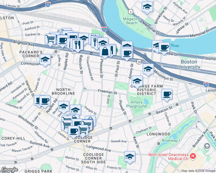 map of restaurants, bars, coffee shops, grocery stores, and more near 175 Freeman Street in Brookline