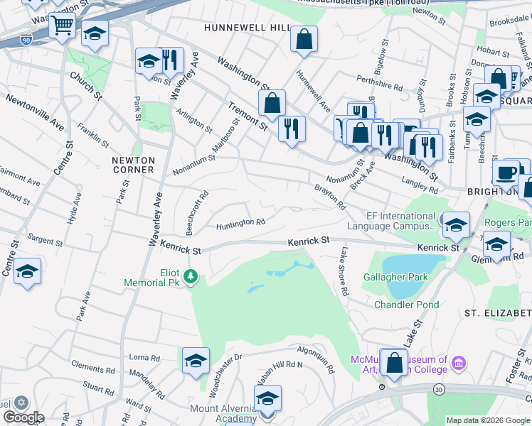 map of restaurants, bars, coffee shops, grocery stores, and more near 112 Huntington Road in Newton