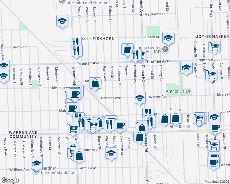 map of restaurants, bars, coffee shops, grocery stores, and more near 7637 Mead Street in Dearborn