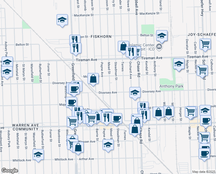 map of restaurants, bars, coffee shops, grocery stores, and more near 7637 Mead Street in Dearborn