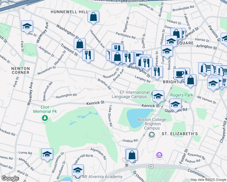 map of restaurants, bars, coffee shops, grocery stores, and more near 53 Brayton Road in Boston