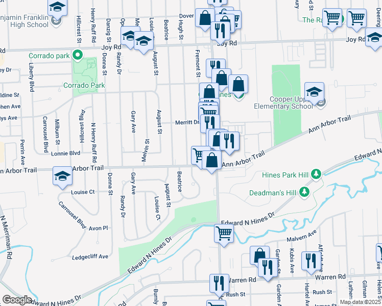 map of restaurants, bars, coffee shops, grocery stores, and more near 8048 Hugh Street in Westland