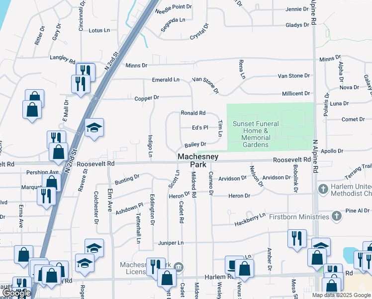 map of restaurants, bars, coffee shops, grocery stores, and more near 1219 Bailey Drive in Machesney Park