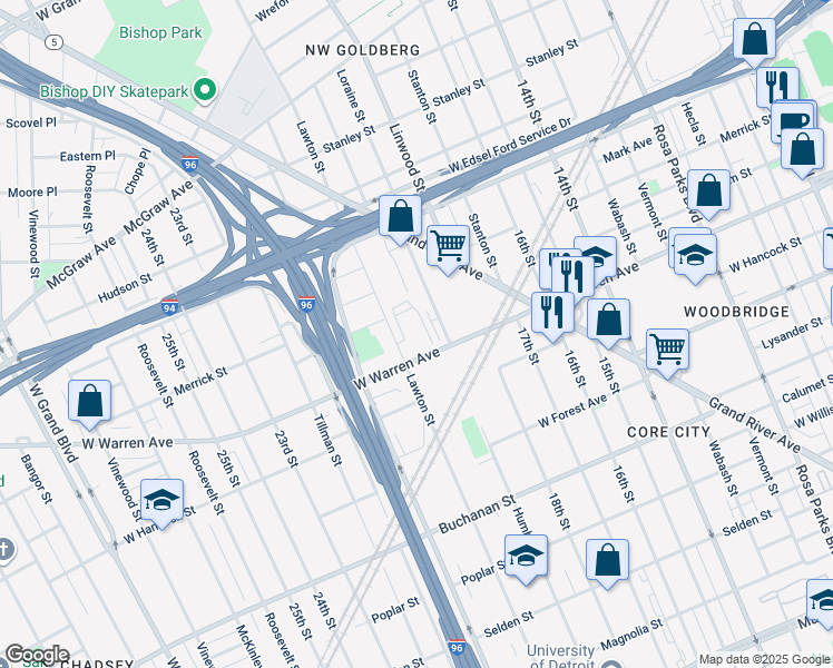 map of restaurants, bars, coffee shops, grocery stores, and more near 2738 West Warren Avenue in Detroit