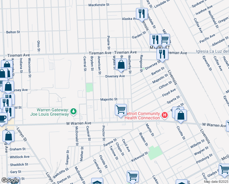 map of restaurants, bars, coffee shops, grocery stores, and more near 7453 Wykes Street in Detroit