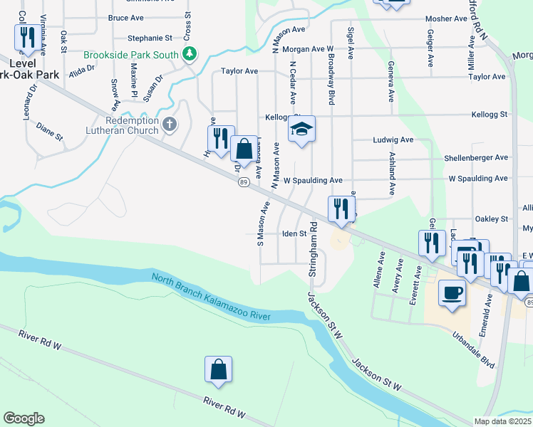 map of restaurants, bars, coffee shops, grocery stores, and more near 25 South Mason Avenue in Battle Creek