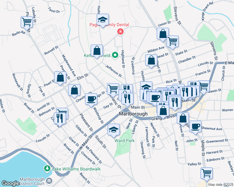 map of restaurants, bars, coffee shops, grocery stores, and more near 316 Lincoln Street in Marlborough