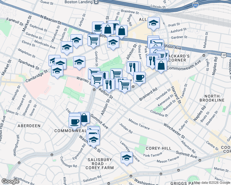 map of restaurants, bars, coffee shops, grocery stores, and more near 1378 Commonwealth Avenue in Boston