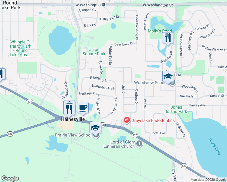 map of restaurants, bars, coffee shops, grocery stores, and more near 243 East Littleton Trail in Hainesville