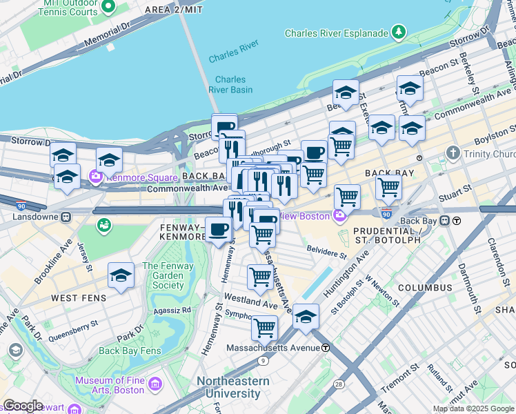 map of restaurants, bars, coffee shops, grocery stores, and more near in Boston