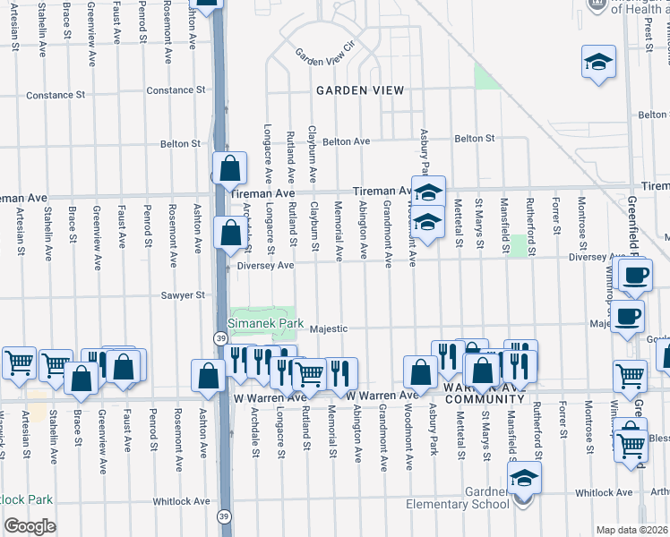 map of restaurants, bars, coffee shops, grocery stores, and more near 7551 Memorial St in Detroit