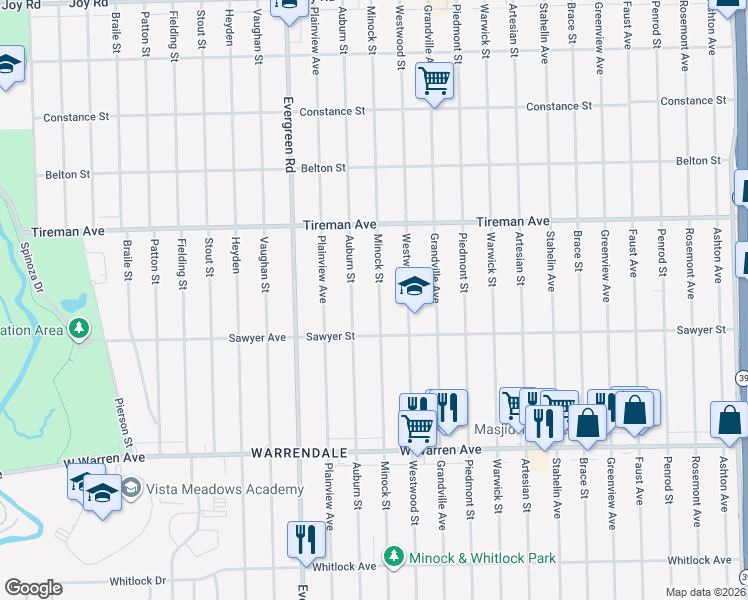 map of restaurants, bars, coffee shops, grocery stores, and more near 7677 Minock Street in Detroit